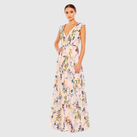 IEENA FOR MAC DUGGAL 55829 NWT Multicolor Pleated Floral Cap Sleeve A Line Gown - Picture 1 of 4